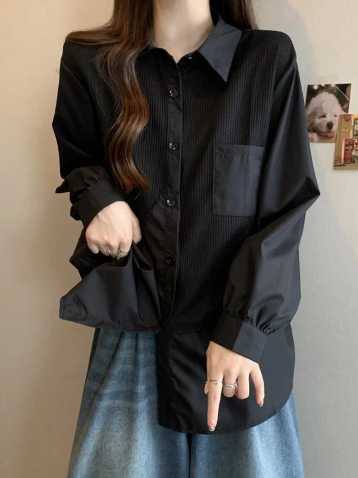 Elegant Black Stripe Women's Shirt Korean Style Loose Fit Long Sleeve  Collar Mid-Length Cover Belly Conceal Meat