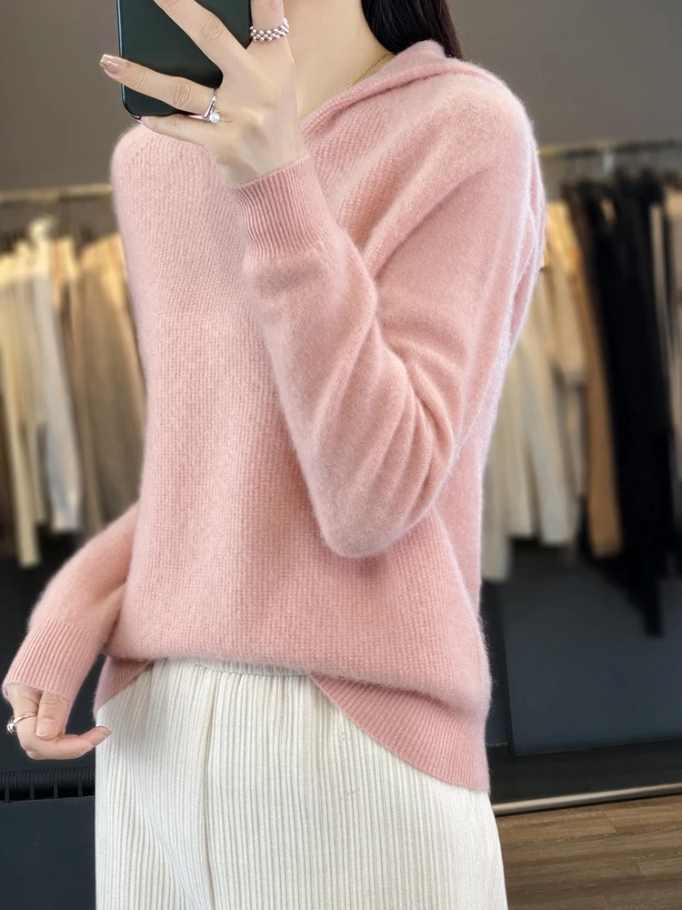 Spring And Autumn Women's 100% Merino Wool Long Sleeved Hooded Pullover Soft And Comfortable Wool Sweater