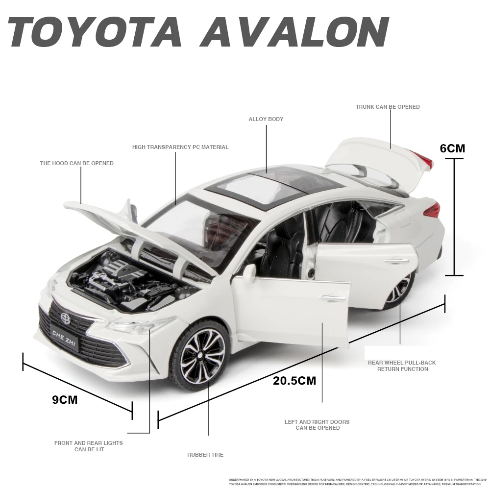 1/24 TOYOTA Avalon Toy Car For Children Diecast Metal Model Miniature Sound Light Doors Openable Collection Gift For Kids