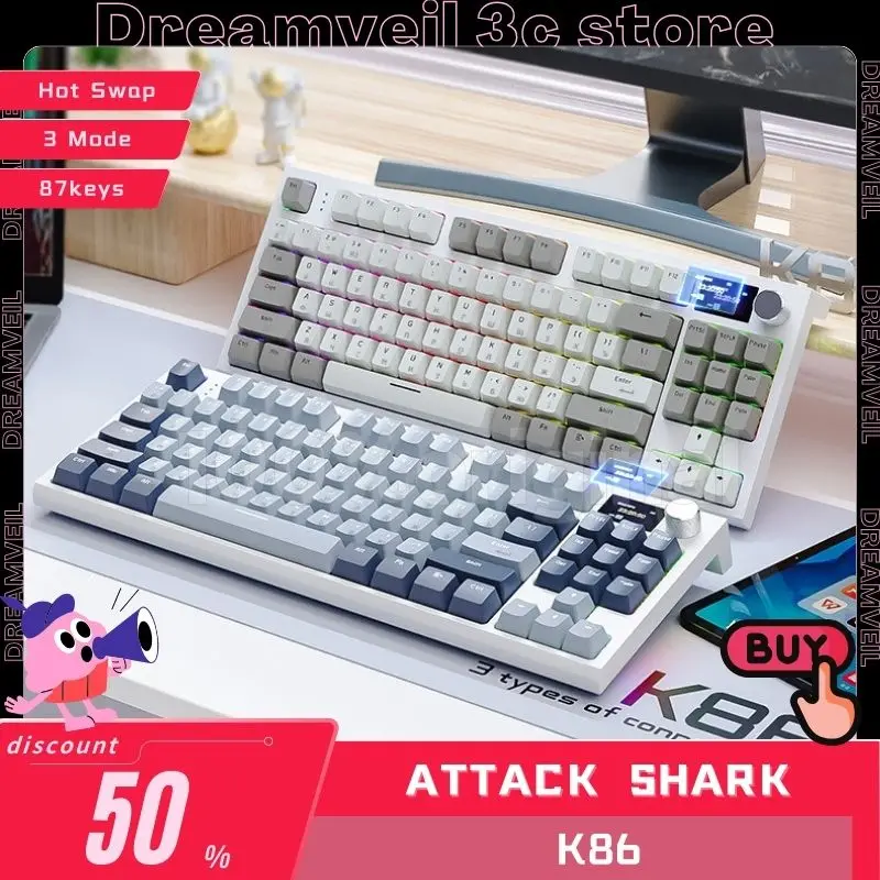 

Attack Shark K86 Gaming Keyboards 87keys 3 Mode 2.4g Wired/Wireless Hot-Swap Rgb Blue Whale Switch Customize Mechanical Keyboard