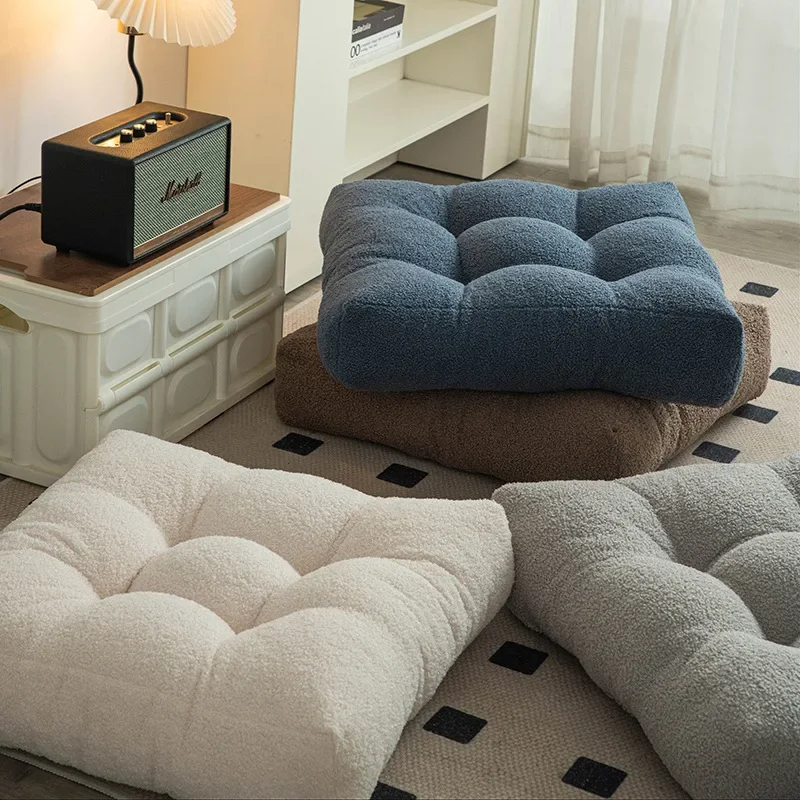 Nordic Solid Color 12Cm Thick Futon Cushions Soft Teddy Velvet Warm Tatami Pouf Ottoman Comfortable Living Room Floor Seating