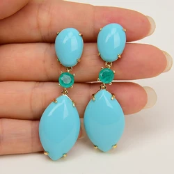 GG Blue Turquoise Green Jade Gold Plated Stud Drop Earrings Handmade Gifts For Lady Party Jewelry