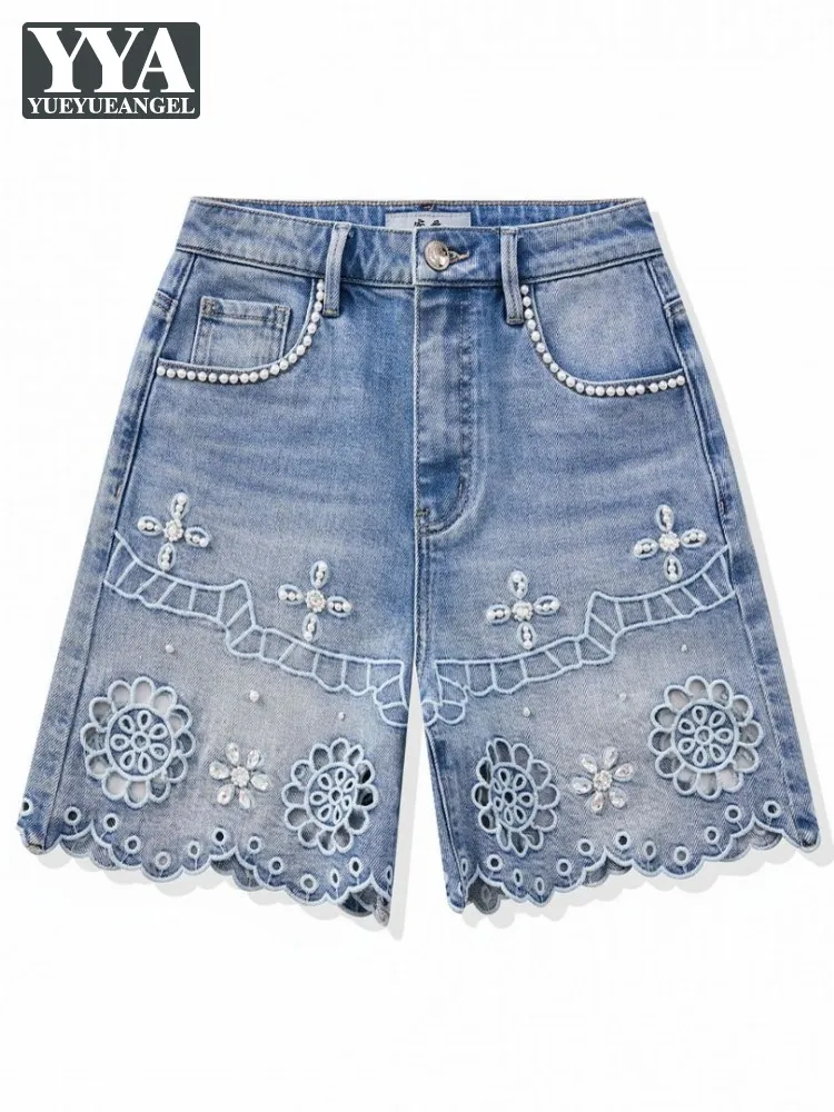 Women Summer Hollowed Out Embroidery Pearl Beading Medium High Waist Denim Loose Fit Shorts Fashion Ladies Jeans Short Trousers