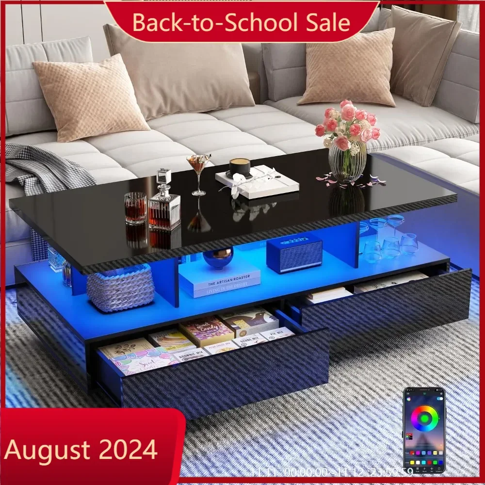 Coffee table with 2 storage drawers, app control, high gloss modern black coffee table, rectangular 2-tier central table