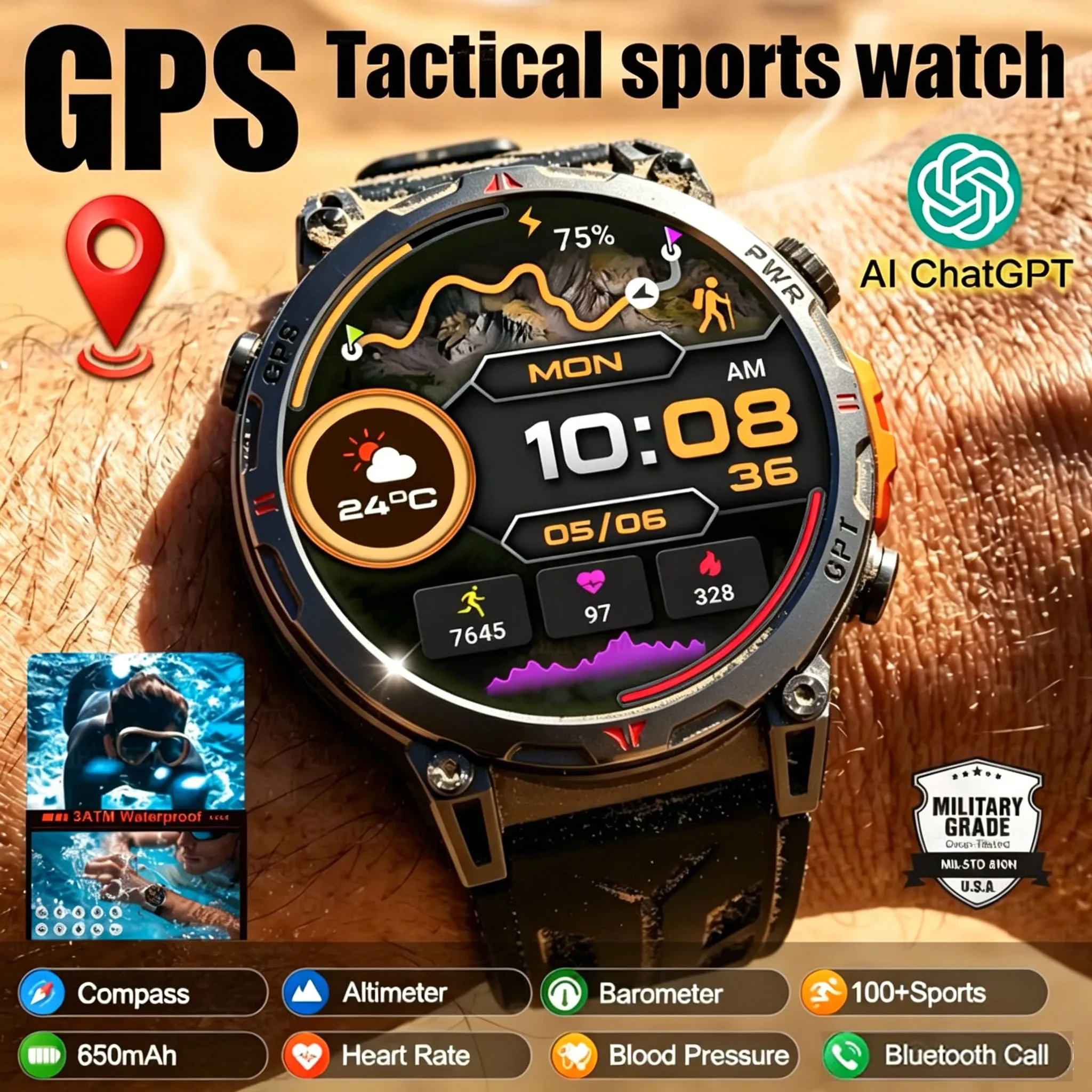 

2026 New Outdoor GPS Sports Smartwatches Men Compass 10ATM Waterproof 24/7 Health Monitoring Chat GPT Bluetooth Call Smart Watch