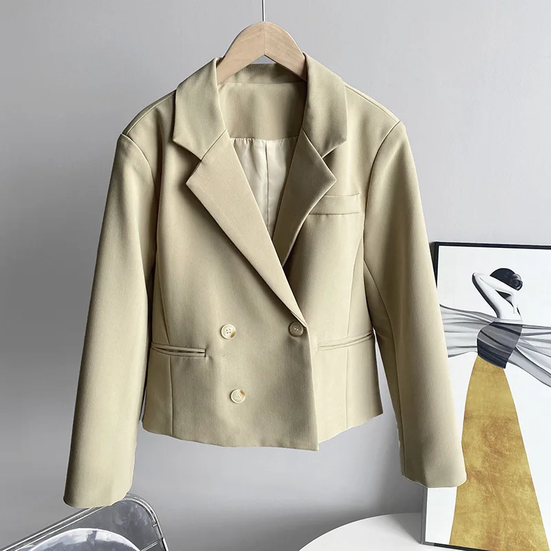 Spring Women Korean Casual Short Blazer Notched Collar Double-breasted Long Sleeve Black Mustard Yellow Beige Ladies Suit Jacket