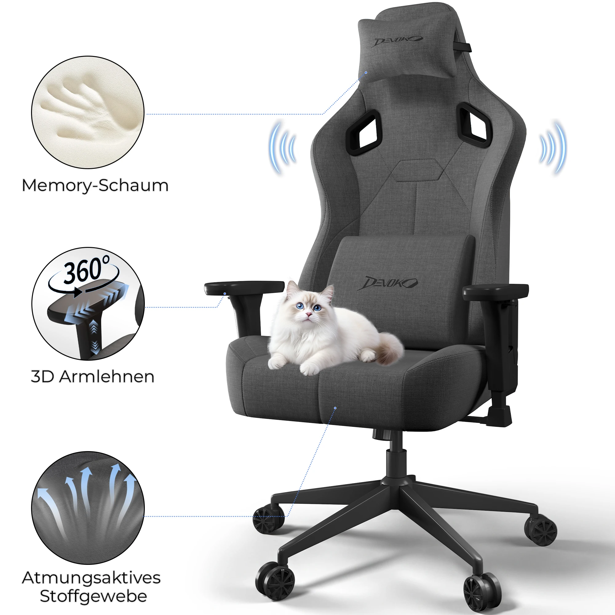 HOMALL Chaise de jeu ergonomique avec accoudoirs 3D en tissu respirant