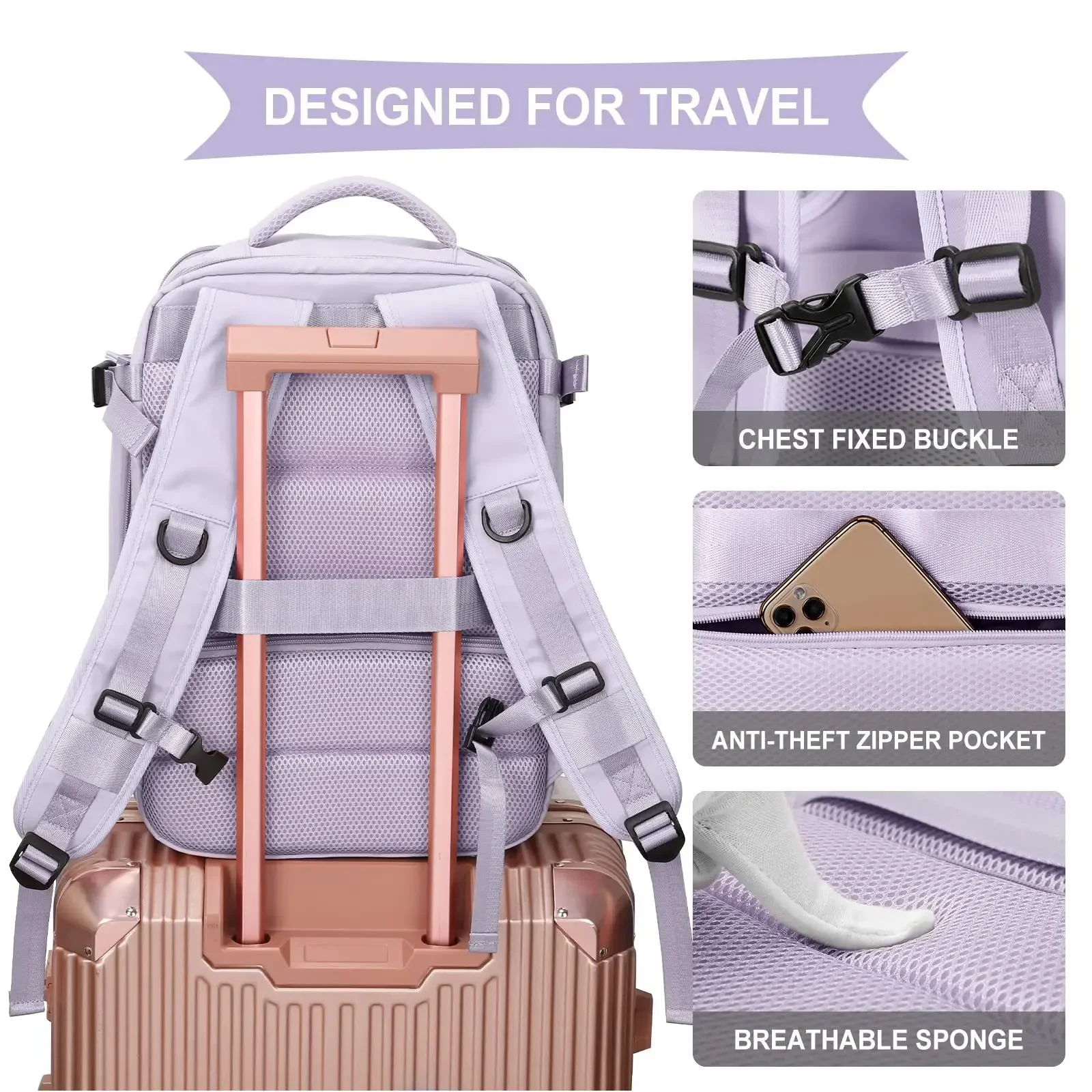 Grand sac à dos de voyage à usage multiple pour femme, imperméable, décontracté, avec sangle de bagage et port de chargement USB