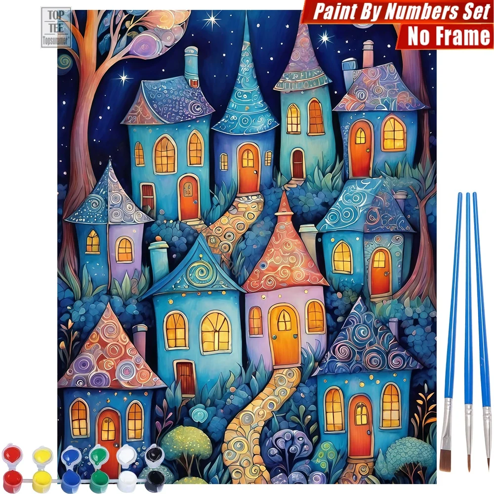 

Fairytale Night Village DIY Painting By Numbers Kit - Blue Houses Canvas Wall Art Birthday Gift For Husband