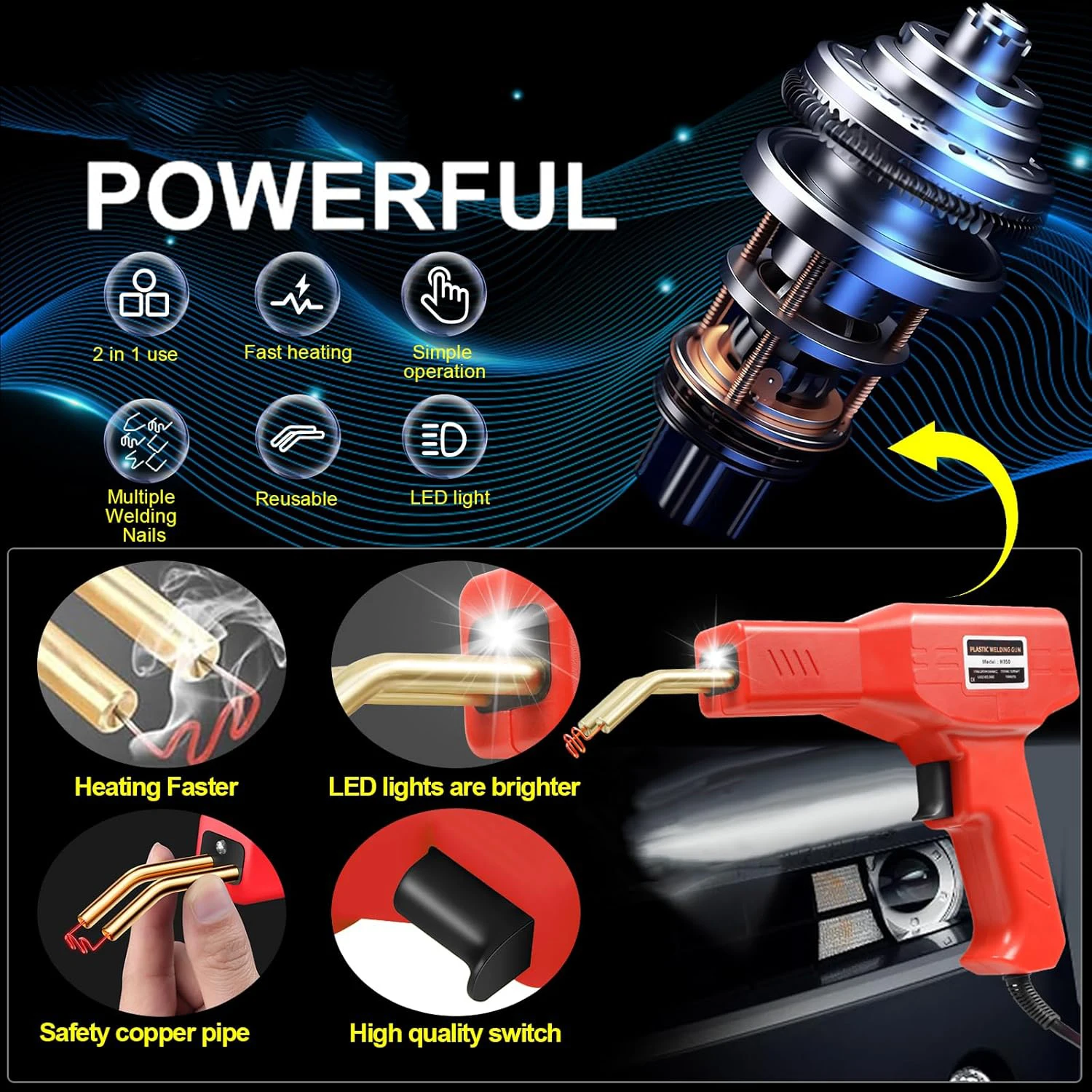 Soldador de plástico, máquina de soldadura, pistola de soldar para parachoques de coche con cabezal liso, 4 tipos de grapas para parachoques, Kayak, reparación de productos de plástico