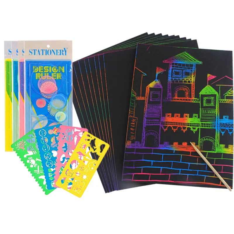 Colorful Scratch Paper Drawing Template Ruler DIY Painting Props for Student Rewards School Art Office Educational Supplies TMZ