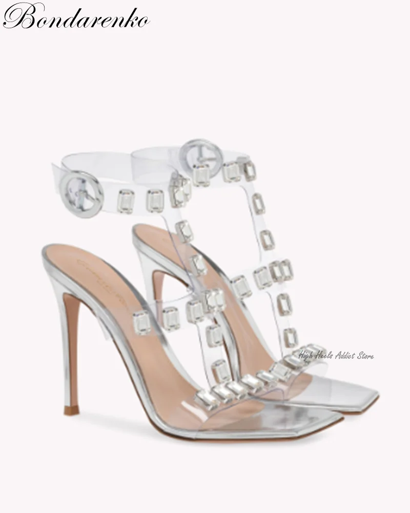 Clear Rainbow Gem Bling Sandals Square Toe PVC Stiletto High Heels Ankle Strap Pumps Women Elegant Party 2023 New Designer Shoes