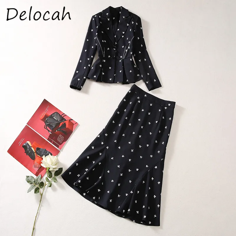 Delocah Fashion Design Women's Collar Deep Blue Customized Embroidered Long Sleeve Coat Fish Tail Half Skirt Temperament Set