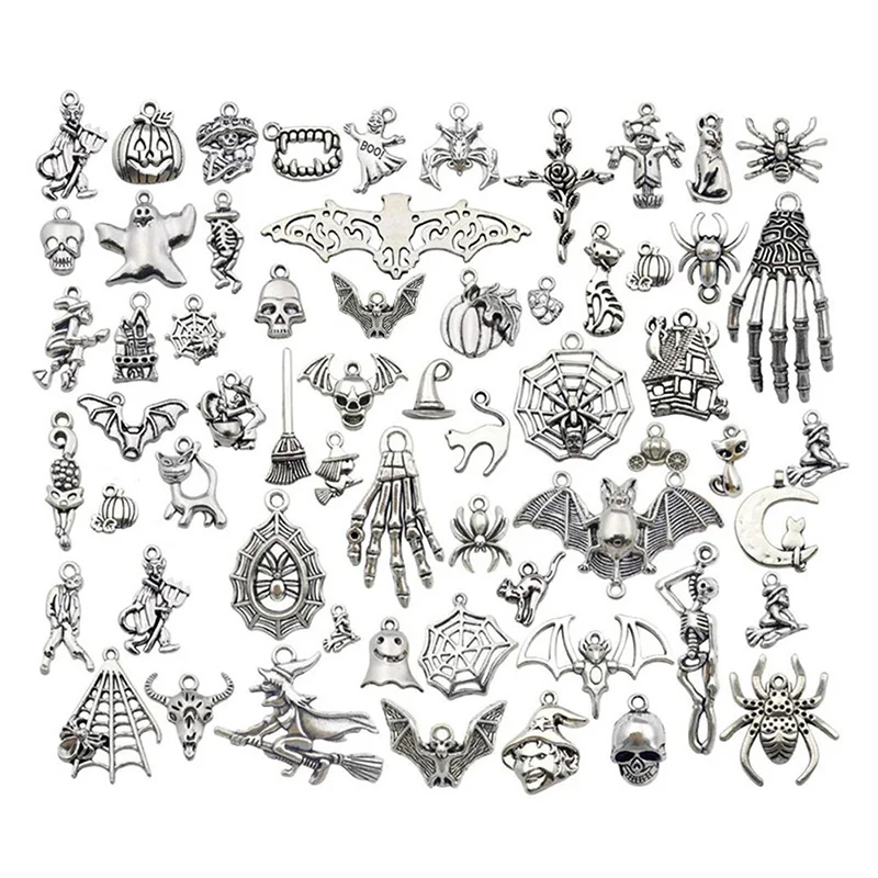 50Pcs Mixed Charms Halloween Skull Pumpkin Witch Spider Teeth Bat Antique Silver Color Mixed Pendants DIY Findings Tibetan Jewel