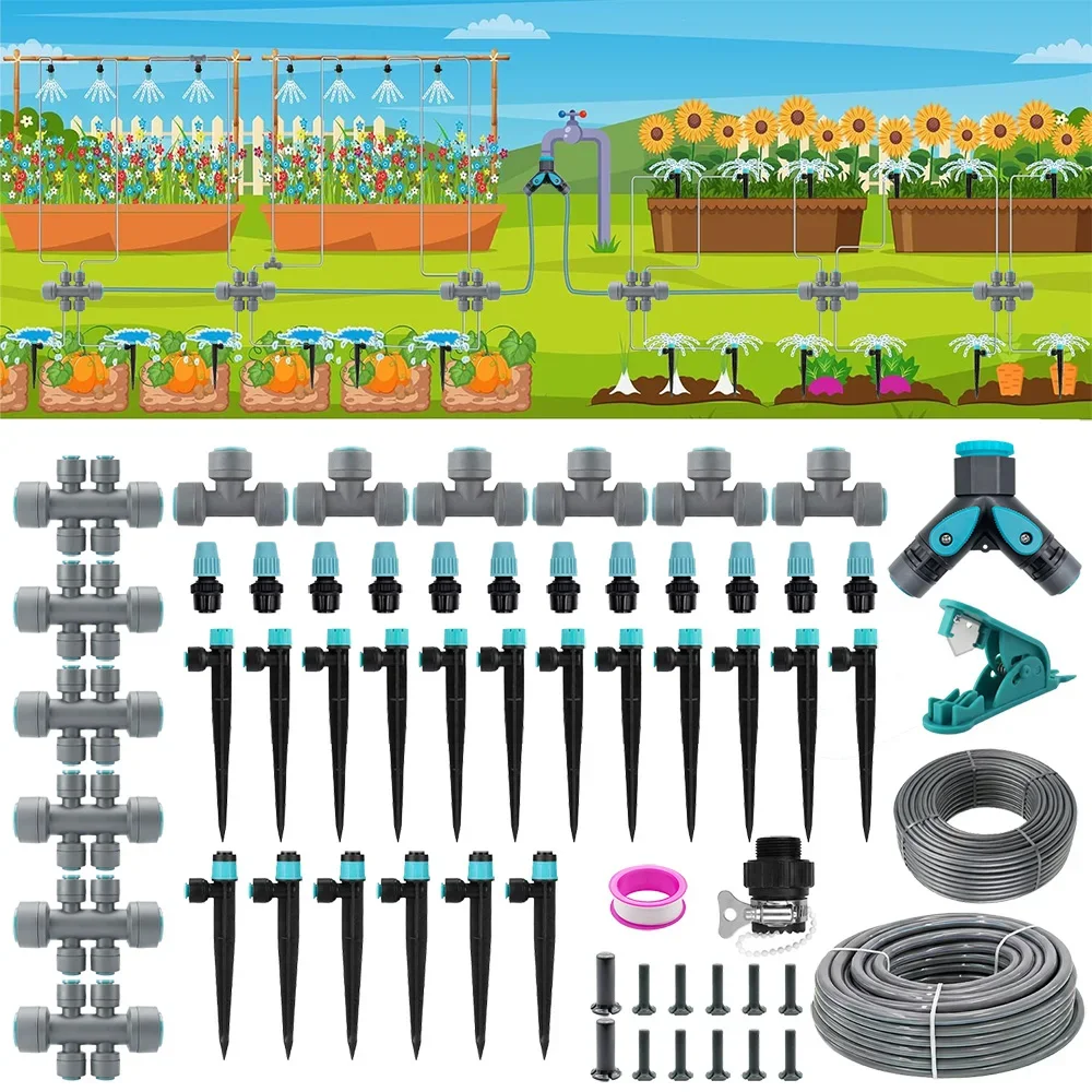 Heavy Duty 230FT Drip Irrigation Watering Kit with Quick Connect System PE Hose Y Type Distribution Tube Three Adjustable Nozzle