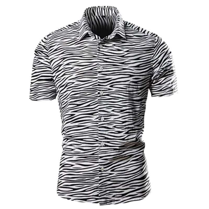 

Mens Button Down Shirt 2025 Korean Fashion Zebra Striped Printed Short Sleeve Hawaiian Shirt Designer Men Blusas Tallas Grandes