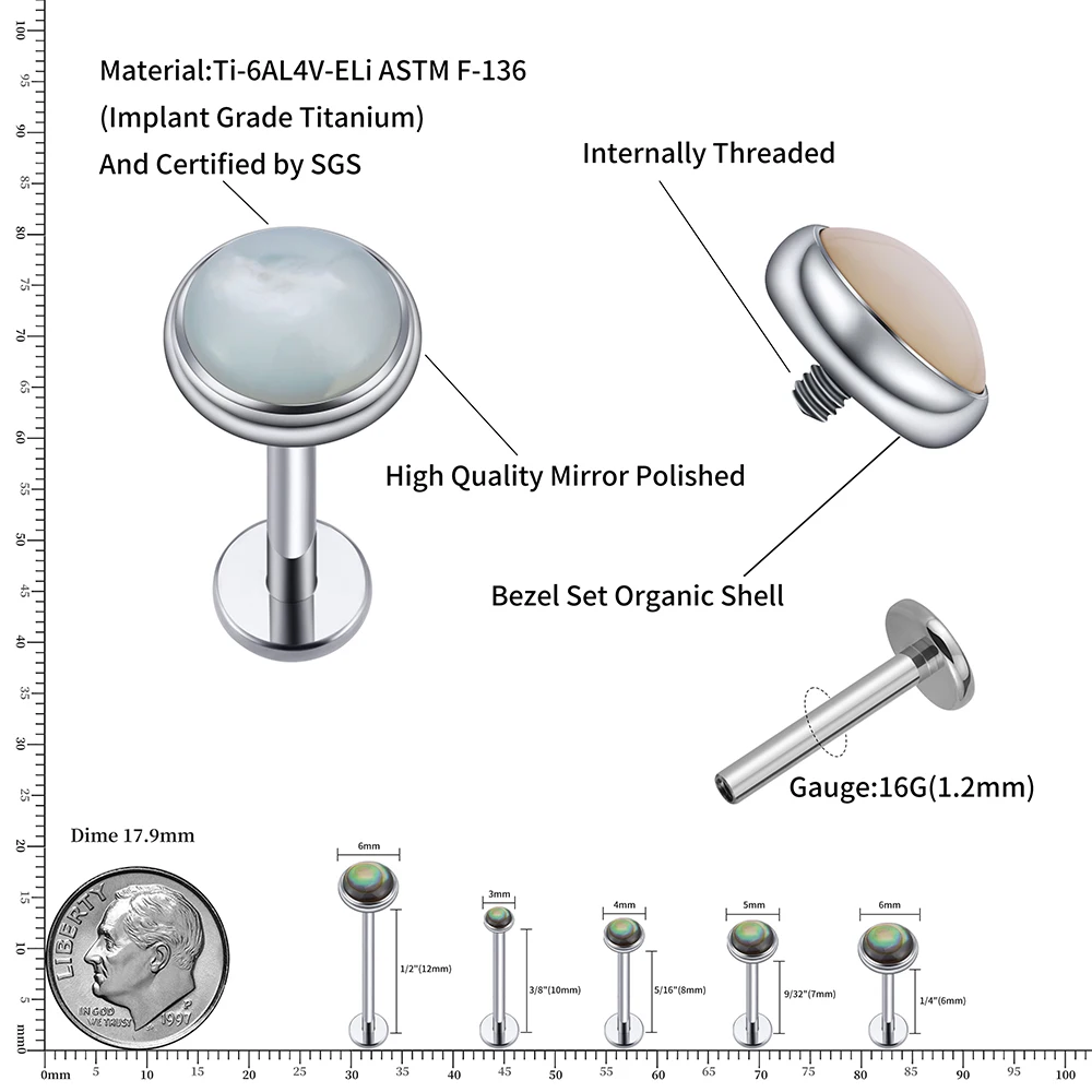 Right Grand ASTM F136 Titanium 16G Organic Abalone Labret Monroe Lip Ring Helix Cartilage Tragus Stud Earring Flat Back Piercing