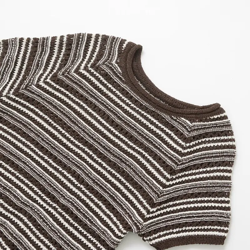 بلوزة نسائية مخططة محبوكة بأكمام قصيرة وتصميم أنيق لربيع وصيف 2025، نمط عملي بطول عادي #4