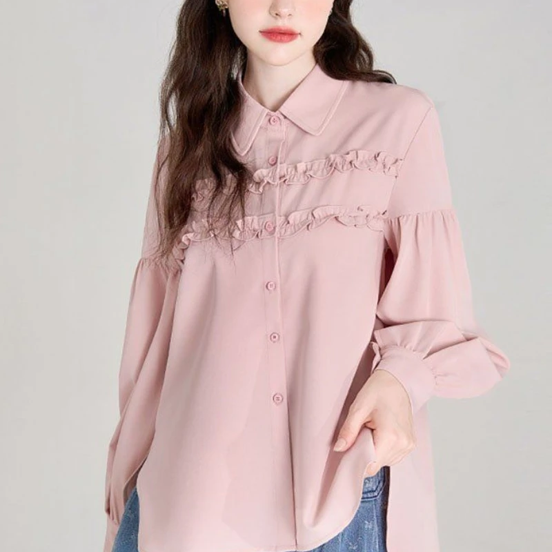 2024 Spring and Autumn French Sweet and Fresh Long Sleeve Versatile Blouses Collar Solid Color Spliced Button Women\'s Shirt Top