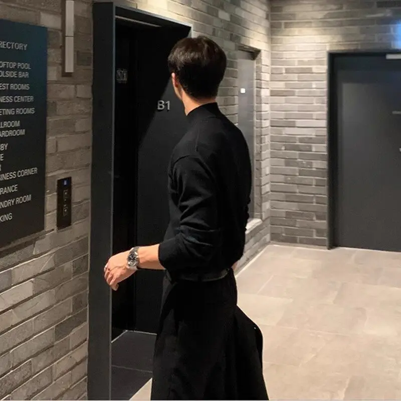 Autumn Stand Up Collar Sweater Men Slim Warm Black Knitted Pullover Men Korean Casual Long Sleeved Sweater Mens Jumper Clothes