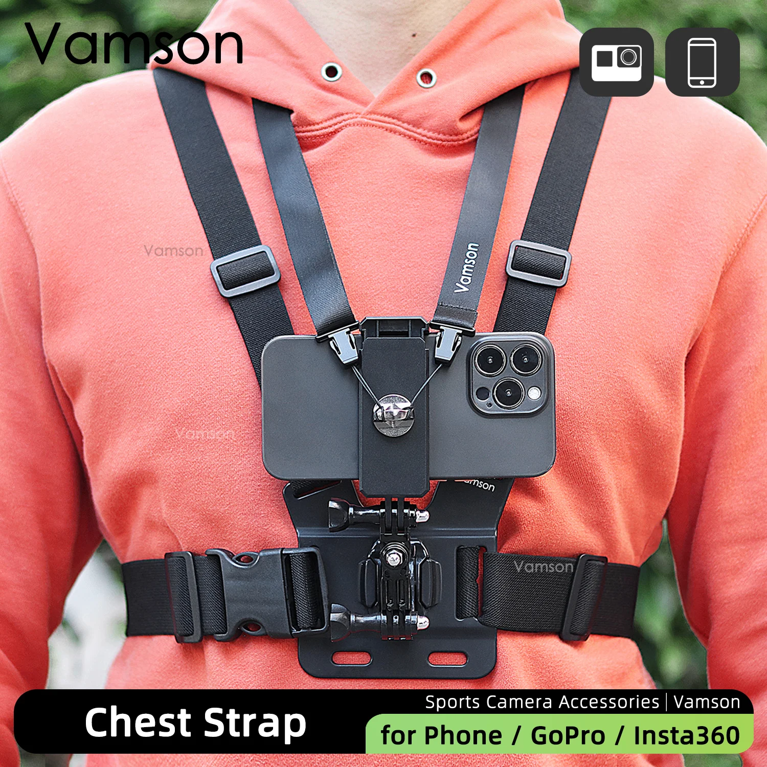 Vamson Chest Strap Phone Holder Body Harness Mount Belt for GoPro 11 10 DJI Insta360 Sjcam EKEN Drift Action Camera Accessories