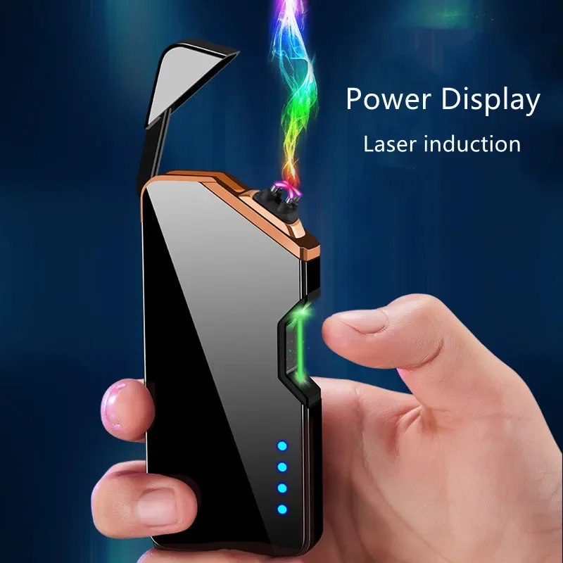 Laser Induction Electric Double Arc USB Lighter Outdoor Windproof Metal Pulse Plasma Lighter LED Power Display Men\'s Gift