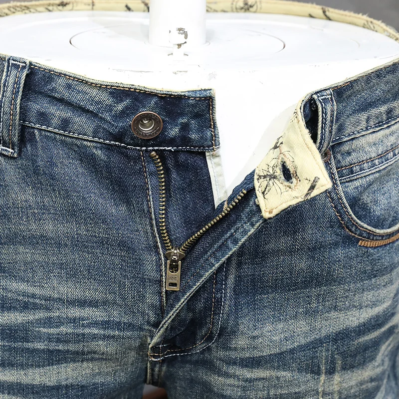 Italian Style Fashion Men Jeans High Quality Retro Washed Blue Stretch Slim Fit Ripped Jeans Men Vintage Designer Denim Pants