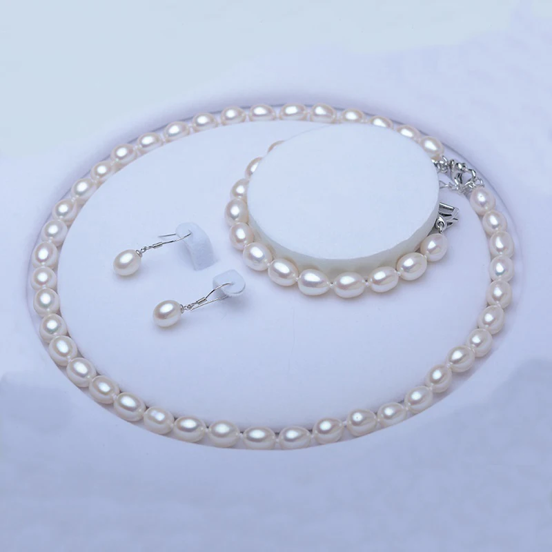 4A Pearl Jewelry Sets 8-9mm Genuine Natural Freshwater Pearl Necklace Set For Women Wedding Gift