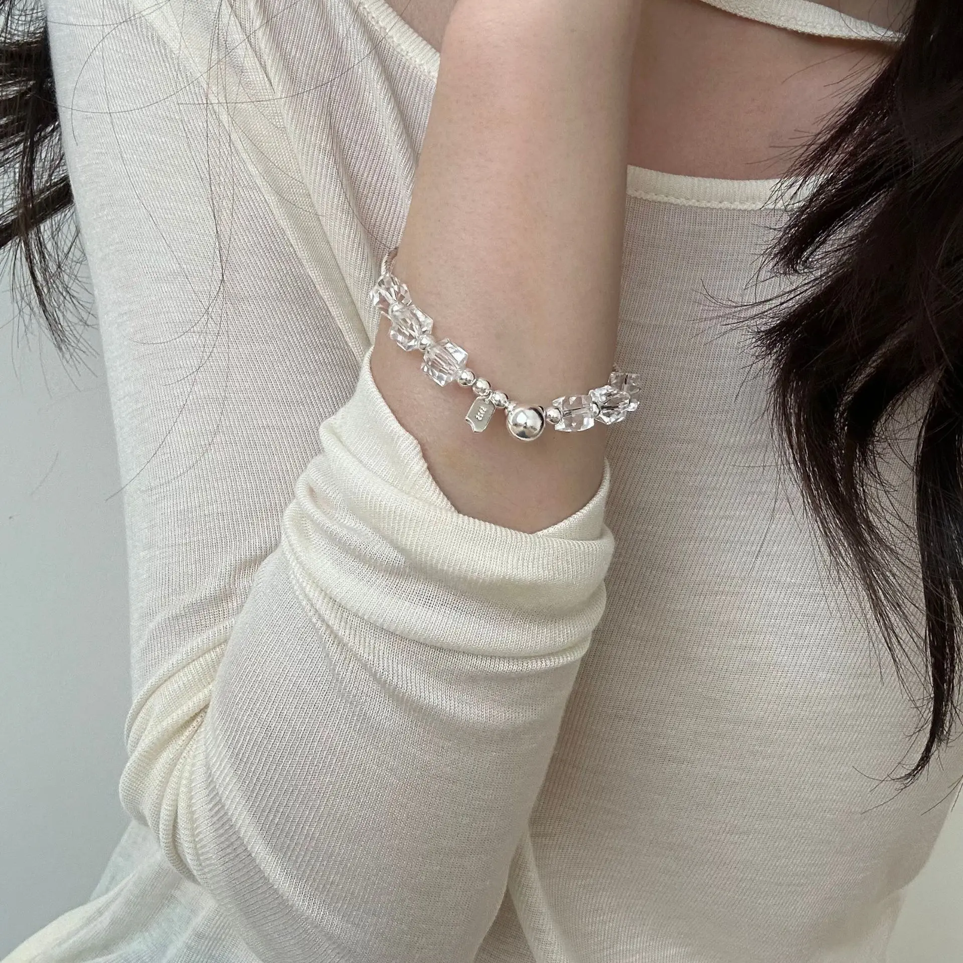 

925 Sterling Silver Crystal Round Bead Lucky Bracelet Women's Simple Handmade Elastic Rope Design Beaded Bracelet