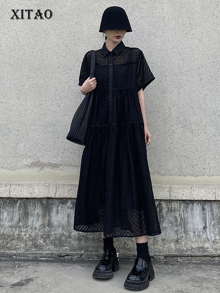 

XITAO Patchwork Hollow Out Female Two Piece Dress Turn-down Collar A-line Casual Short Sleeve Simple Summer Woman Dress ZMY1259