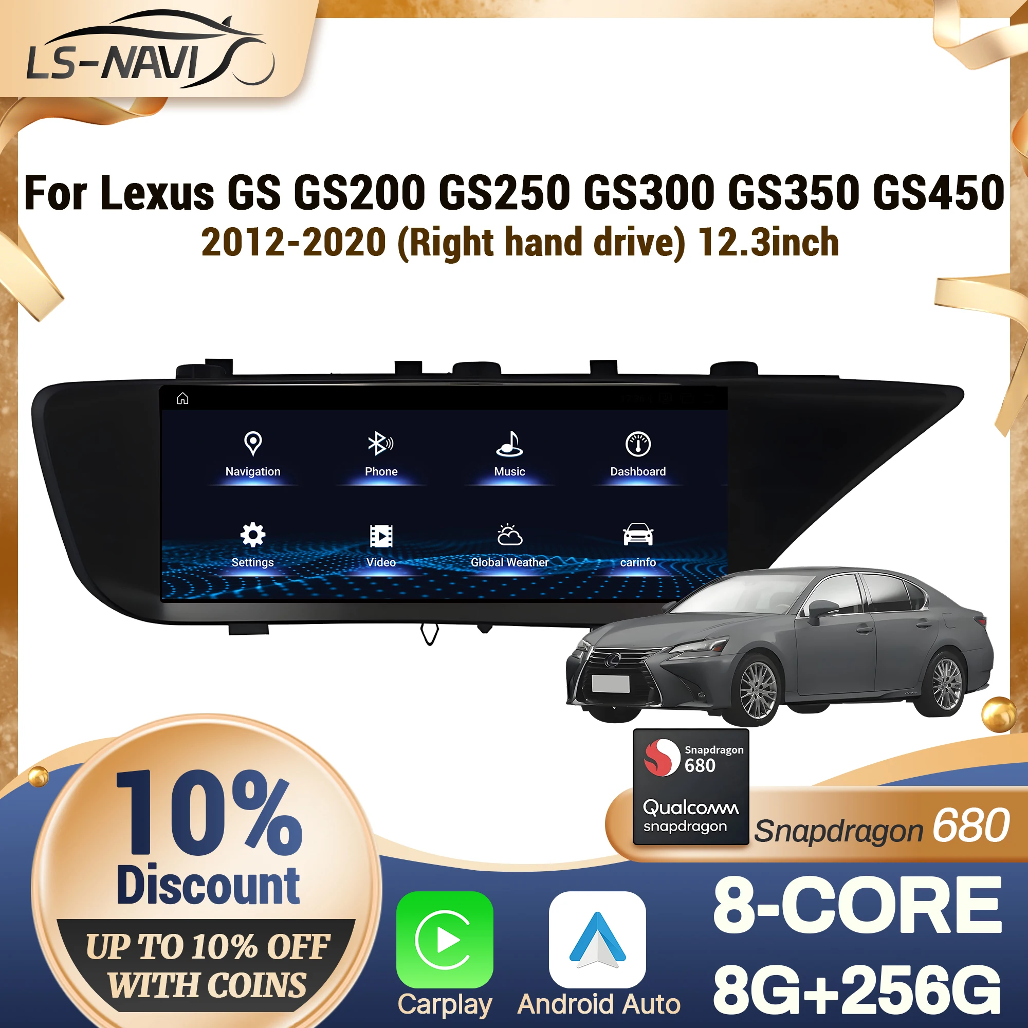 

Lexus GS 12.3Inch RHD Car Radio Wireless CarPlay Multimedia System Snapdragon 680 Screen for GS200 GS250 GS300 GS350 GS450 2012-