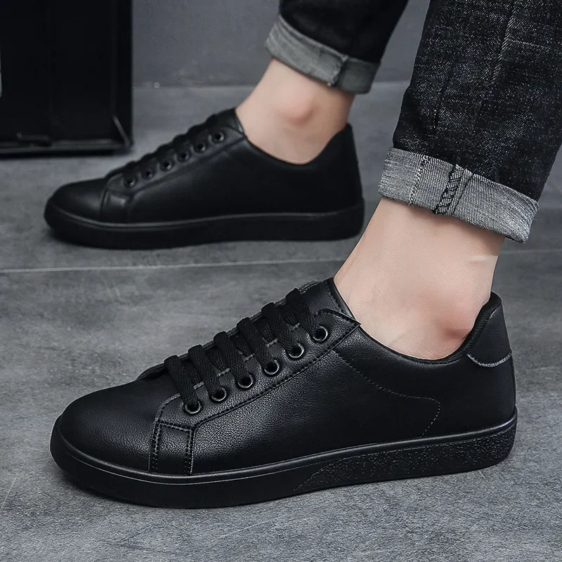 

Men's Vulcanized Shoes Casual Low Top Flat Sneakers White Shoes Zapatillas Hombre Chaussure Homme Drop Shipping Leather Black