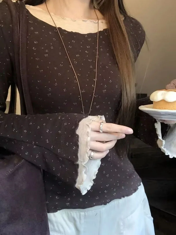 2026 New Coffee Color Floral Patchwork Ruffled Flare Sleeve Women's Slimming Top Aw Trendy Chic Ins Style Long Sleeved