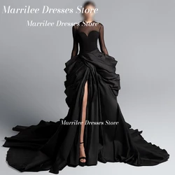 Marrilee Customized A-Line Satin Long Sleeves Panel Train Tiered V Neck See Through Elegant Party Dresses Woman Floor Length