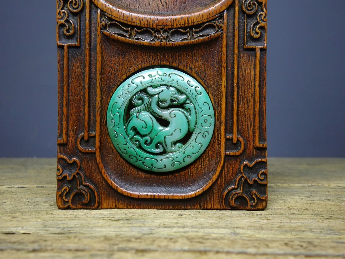 Exquisitely carved and inlaid jade pendant inkstone from old Tibetan rosewood