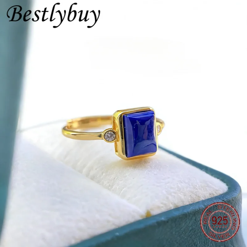 

S925 Pure Silver Natural Lapis Lazuli Square Ring For Women's Fashion Light Luxury French Blue Adjustable Jewelry 2026 NEW