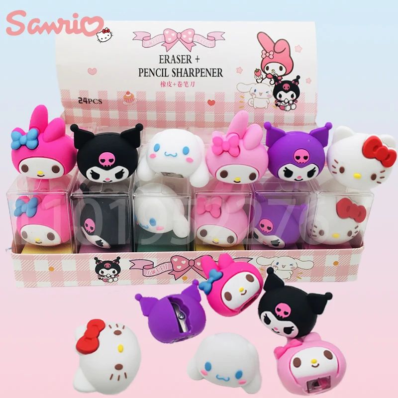 Sanrio-Sacapuntas de 24 piezas, Hello Kitty, Kuromi, Cinnamoroll, My Melody, papelería para estudiantes, suministros escolares para niños, venta al