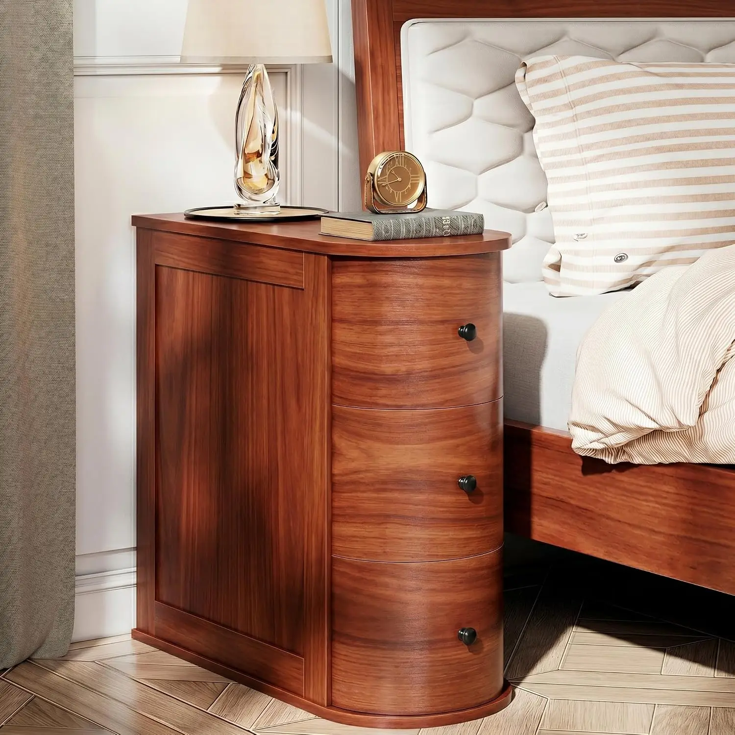 Narrow Narrow 3-Drawer Nightstand, Wood Slim Side Table for Bed & Sofa, Vintage Small Night Stand for Living Room & Bedroom, Walnut, Cu - Aliexpress Deal