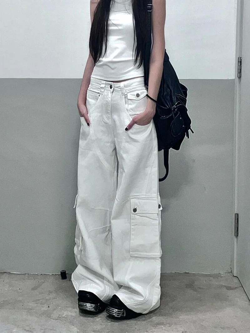 

Summer White Womens Jeans High Waist Baggy Casual Vintage Y2K Trend Straight Cargo Pants Street American Wide Leg Denim Trouser