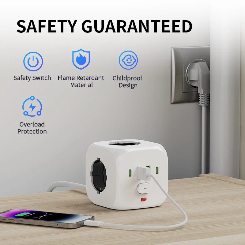 قطاع الطاقة مقبس الحائط موسع مع 2 متر تمديد خط 3 منافذ التيار المتناوب 2 منافذ USB و 2 نوع C 7 في 1 الاتحاد الأوروبي التوصيل شاحن التبديل #3
