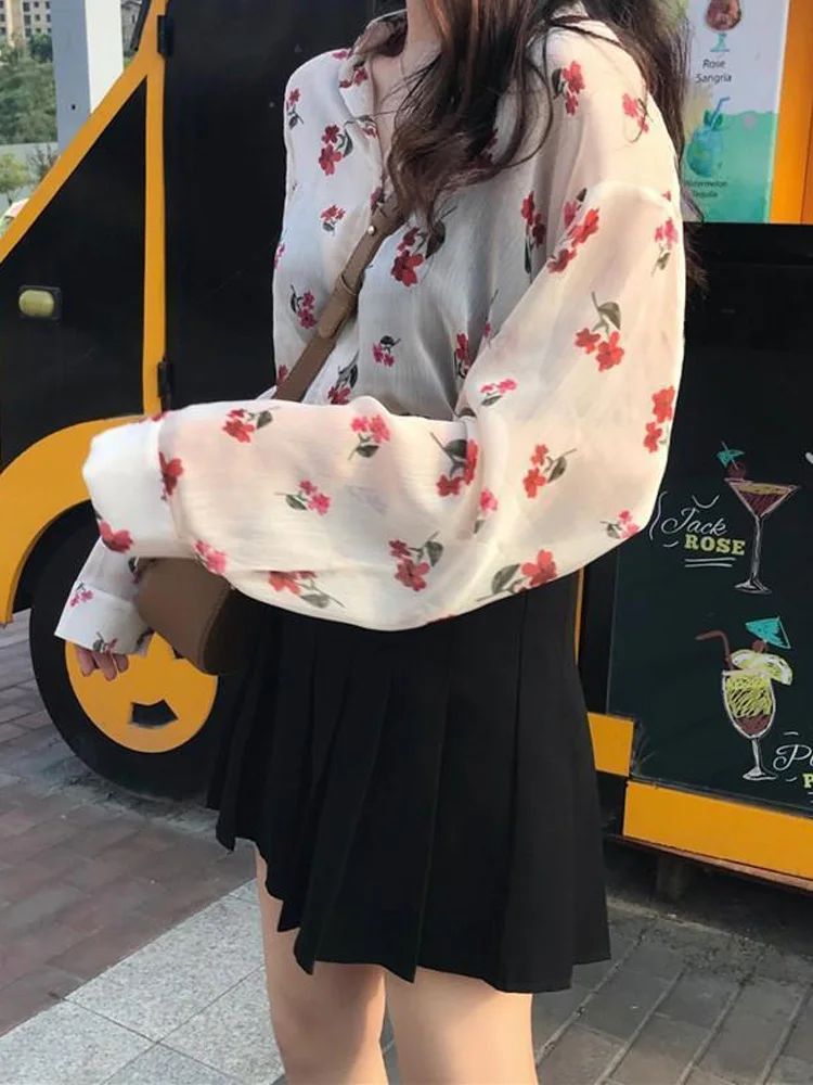 Fre Floral Print Chiffon irt And Skirt Set Women's ature Two-Piece Trendy Summer Outfit Korean Sle f-length Skirt