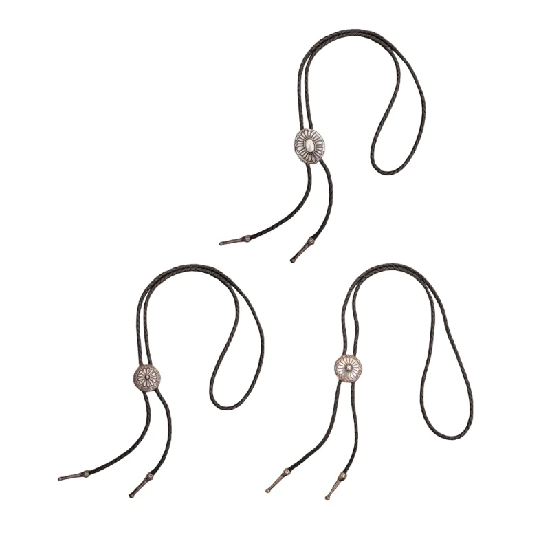 

Stylish Men Leather Bolo Tie with Metal Flower Pendant Adjustable Chain Necktie Drop shipping