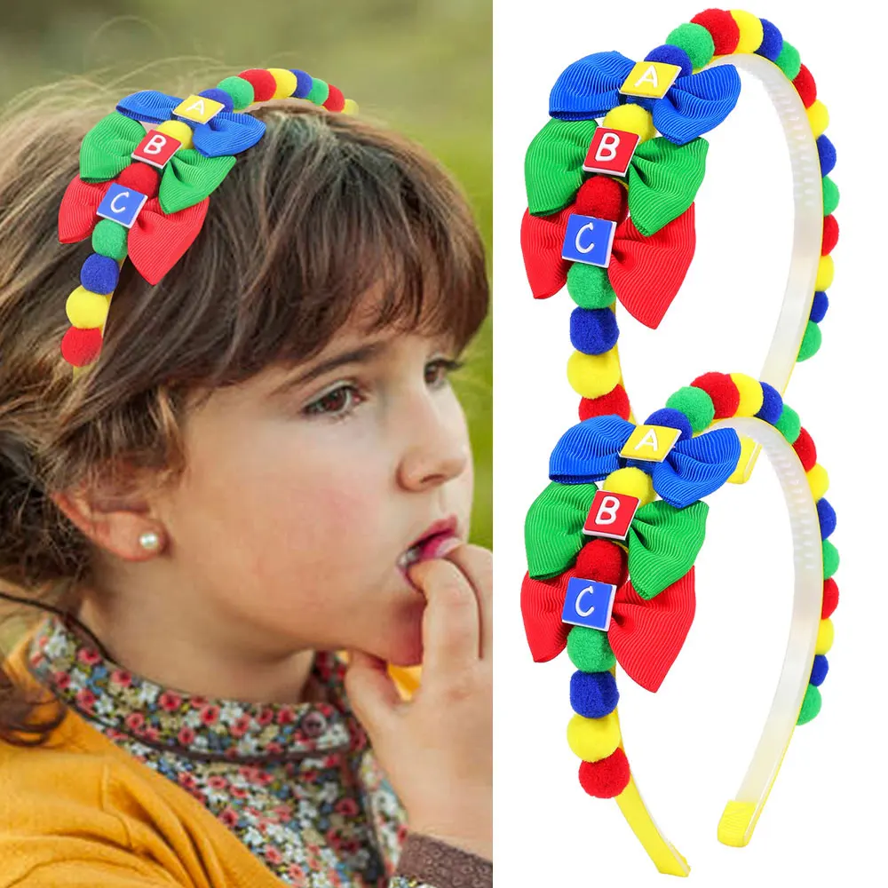 Fashion Pompon Headbands Solid Bowknot Hair Hoop Girls Back To School Hairbands Boutique Princess Headwear Kids Hair Accessories