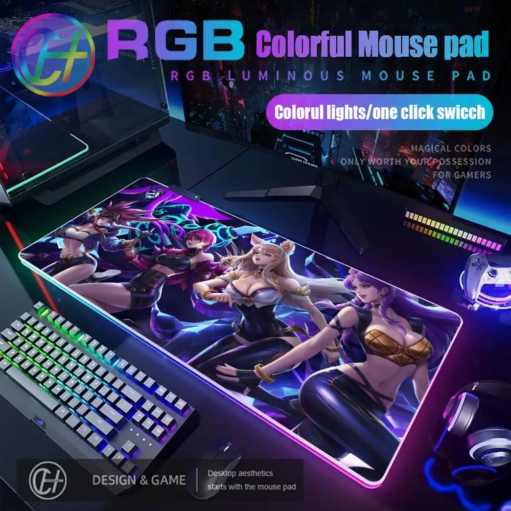 

LOL KDA Sexy Girl RGB Gaming Mouse Pad XXL Luminous Keyboard Mause Pad Rubber No-slip Mouse Mat LED with Backlit