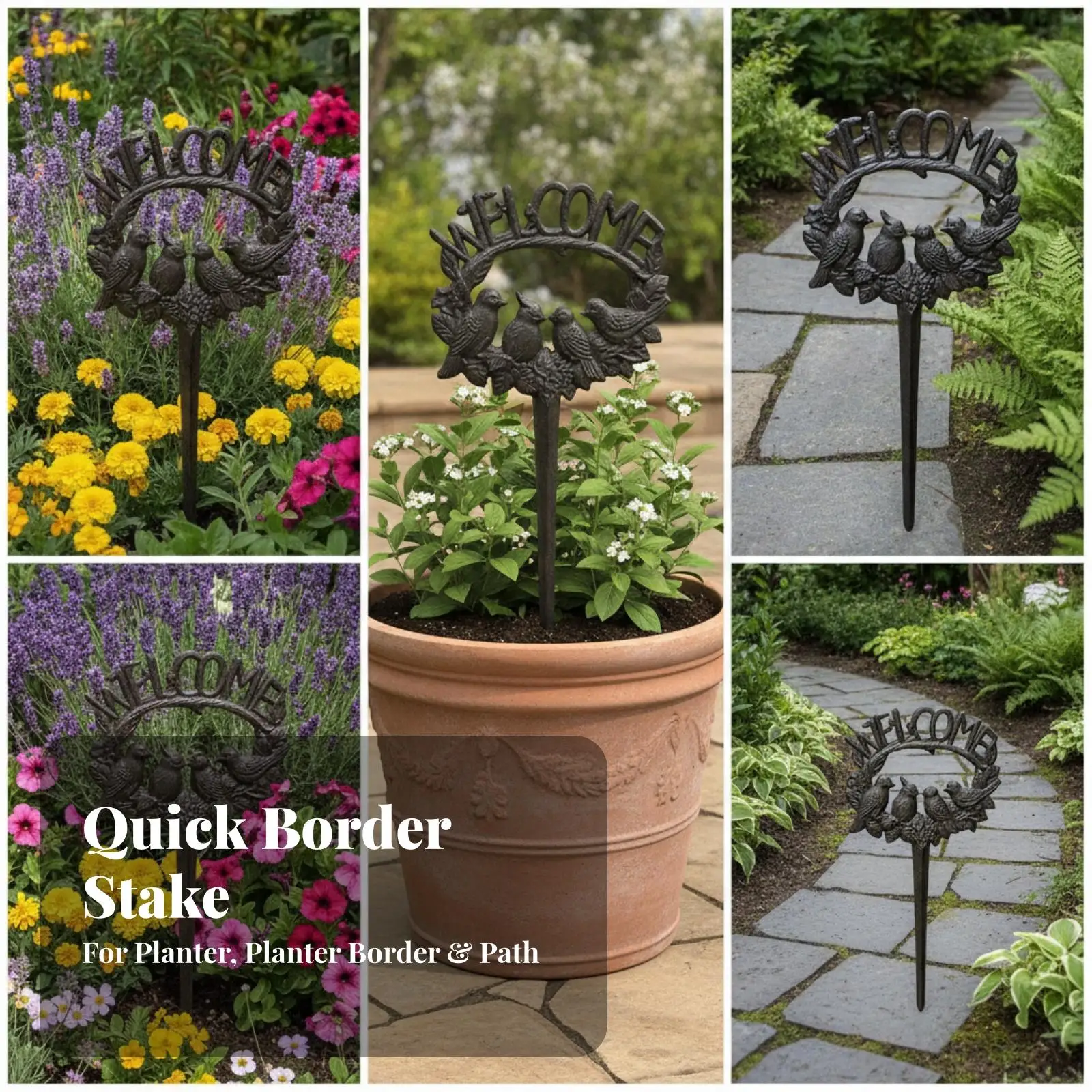 Rustic Outdoor Welcome Sign Cast Iron Garden Stake Four Birds Metal Yard Decor for Porch Entryway Path