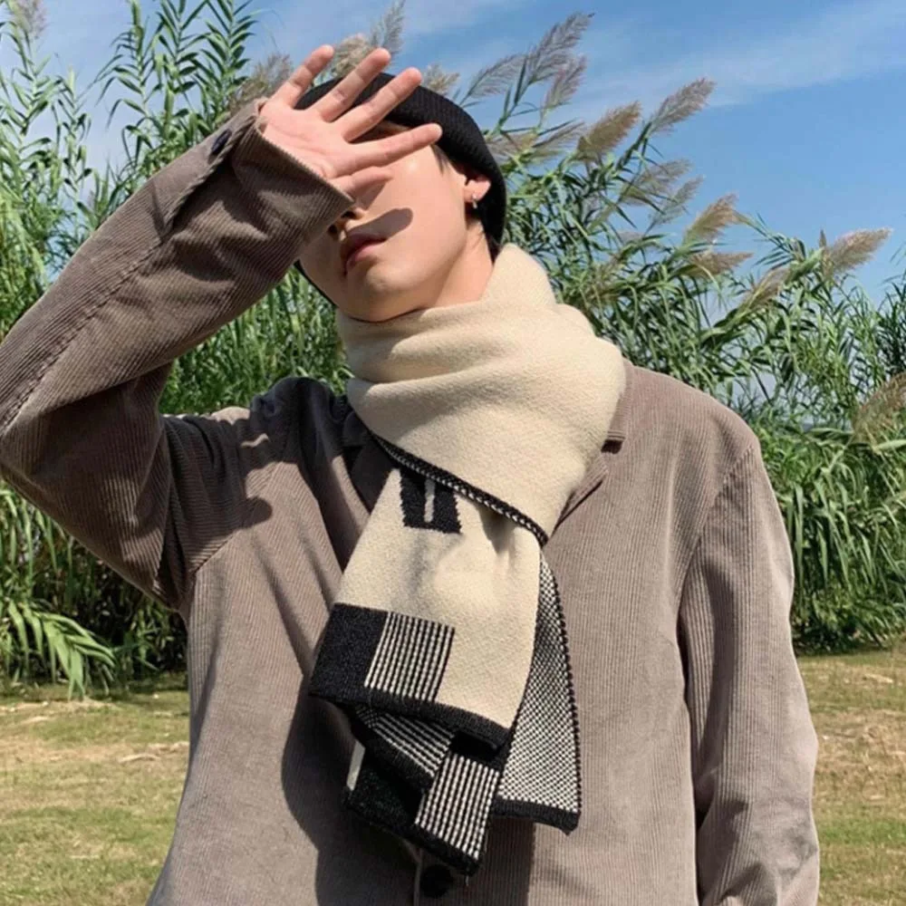 

Acrylic Fibres Color Blocked Scarf Long Warmer R-shaped Knitted Scarf Tartans Printed British Style Men Thick Shawl Festival