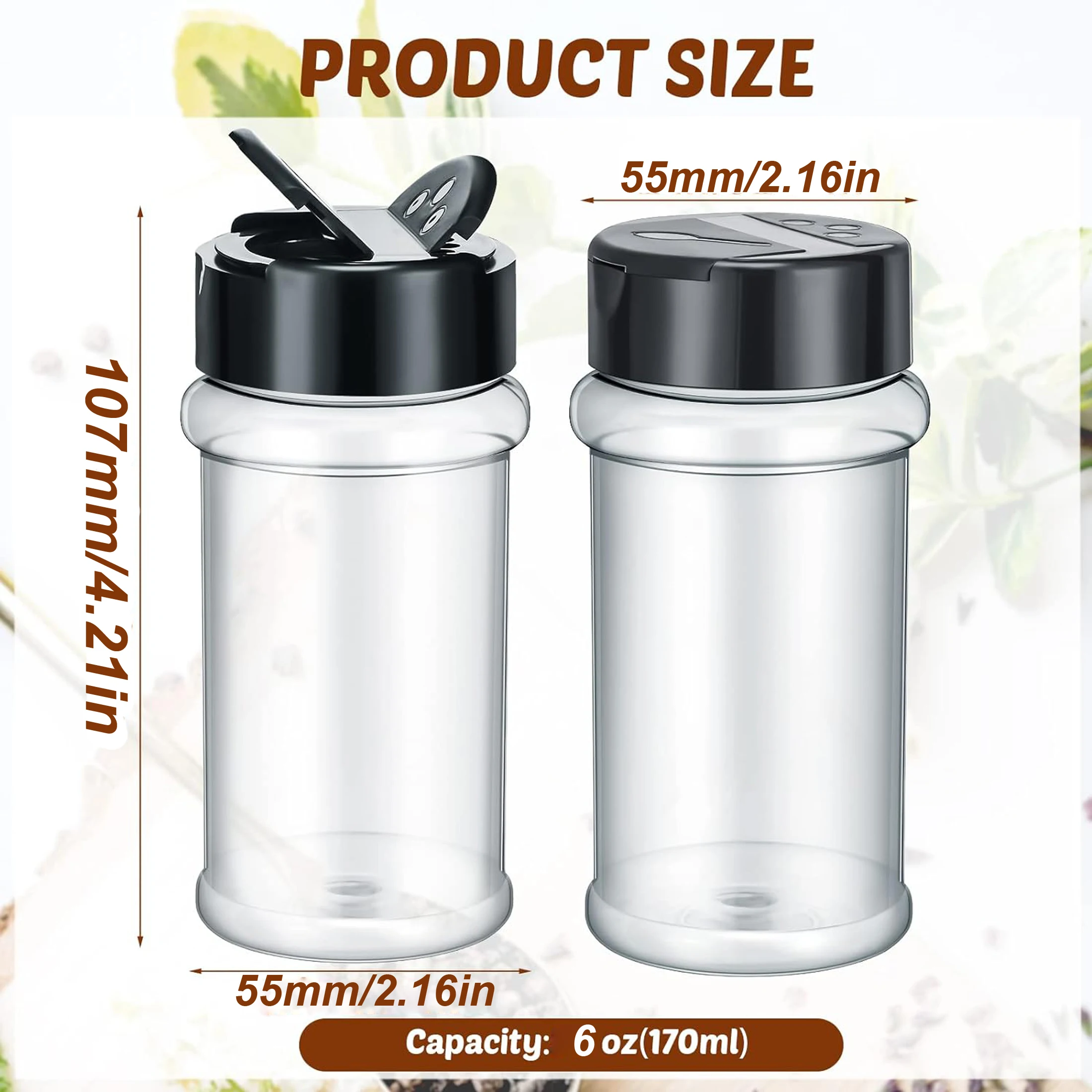 10Pack 170ml Clear Plastic Spice Jars with Black Cap Shaker Lid Safe Storage Containers for Kitchen Organization