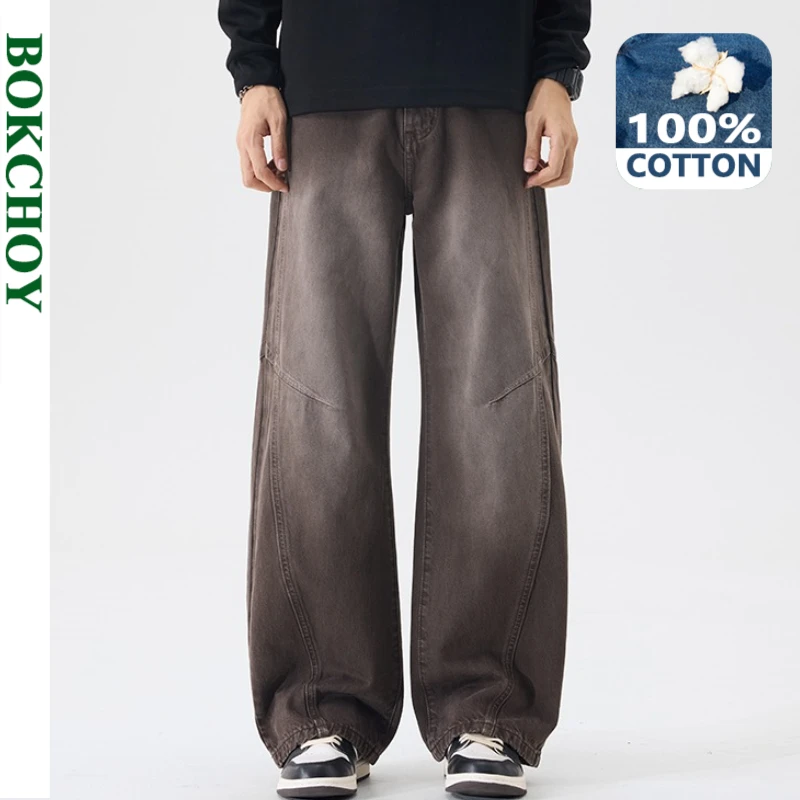 

Осень 2022, новые винтажные потертые лоскутные джинсы из 100% хлопка с широкими штанинами для мужчин, одежда, свободные мужские брюки AG7322