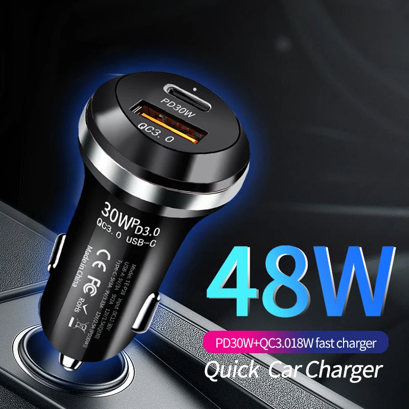 48W Mini Fast Car Charger Dual Port PD 30W USB C and QC 3.0 USB A Fireproof Car Adapter For iPhone 15 Pro For Samsung S24 Ultra