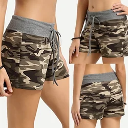 Mulheres verão casual emenda cordão shorts cintura alta camuflagem impresso calças curtas femele